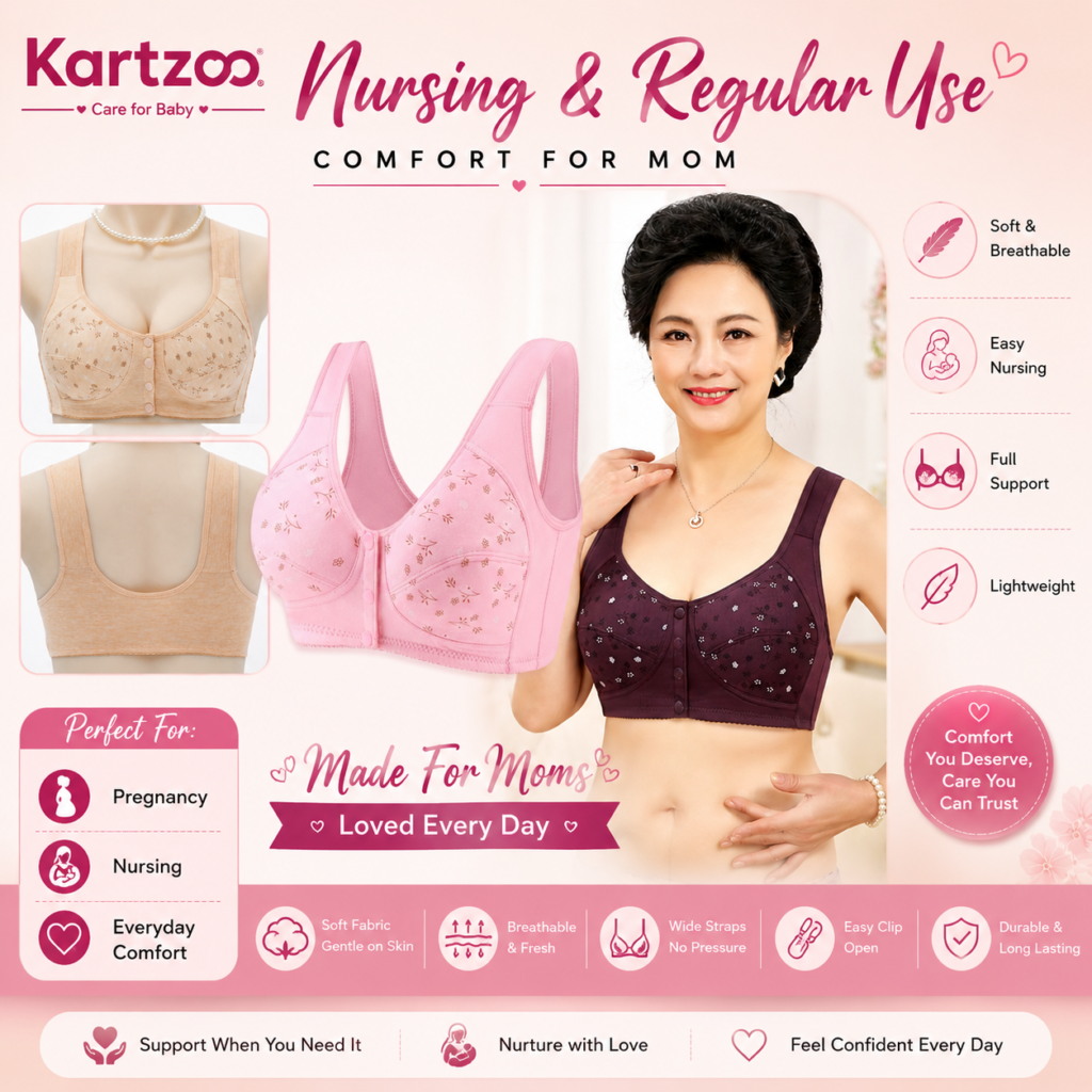 A promotional image showcasing nursing and regular use bras from Kartzoo, featuring a smiling woman wearing one of the bras and images of two additional bra styles.