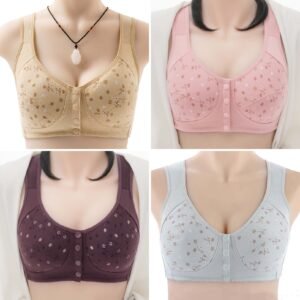 Four different bras displayed, each in a different color: beige, pink, dark purple, and light blue, featuring floral patterns and button closures.