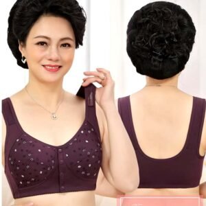 Front and back view of a seamless front closure lounge bra in purple, modeled by a woman with styled hair.