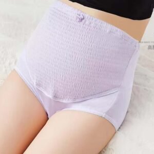 A close-up image of adjustable maternity panties designed for comfort during pregnancy, shown in light purple.