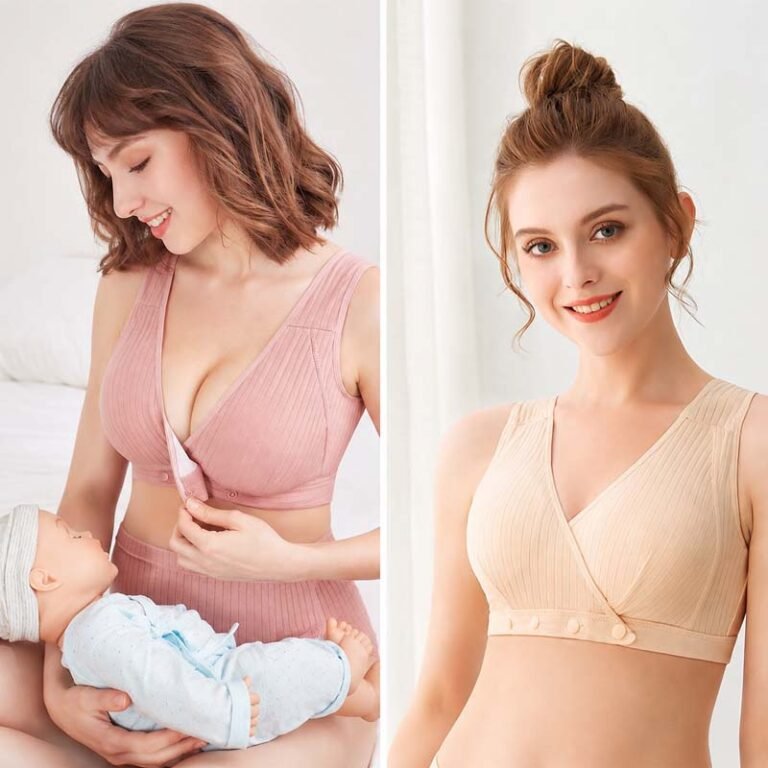 Two women wearing maternity bras, one holding a baby doll, showcasing comfort and style.