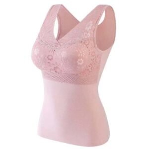 A pink floral comfort inner top with a v-neck design and intricate lace detailing.