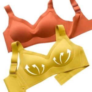 Two bras displayed together, one in orange and the other in yellow, featuring a comfortable design.