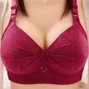 Maroon bow lace comfort bra with floral design.