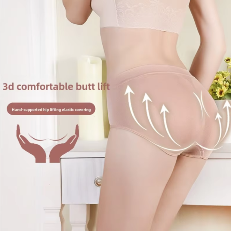 A person wearing beige butt lift shorts, demonstrating a 3D comfortable lift with arrows indicating the supportive function of the garment.