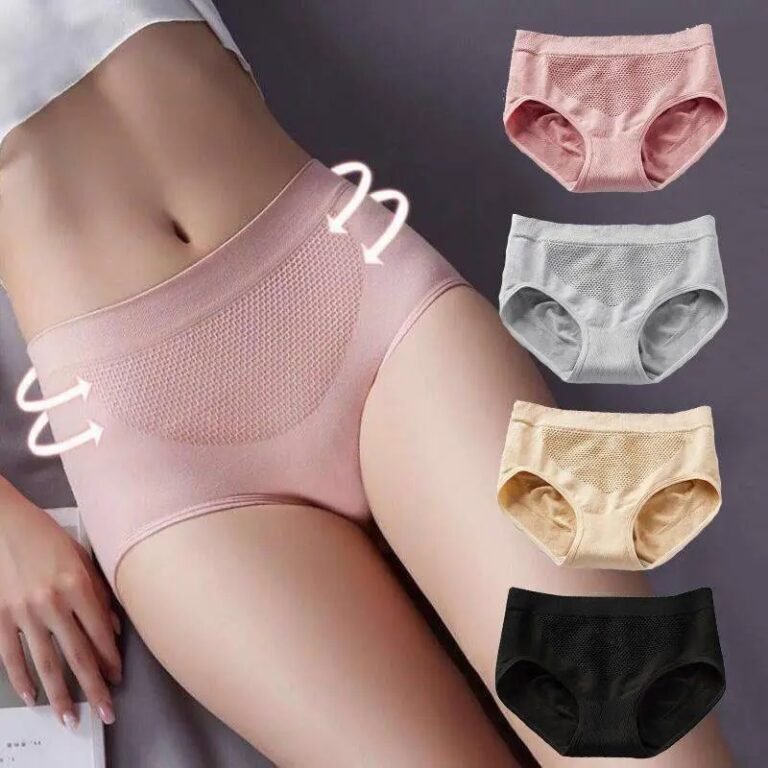 A close-up view of a woman's midsection showcasing four different colored underwear styles: light pink, gray, nude, and black.