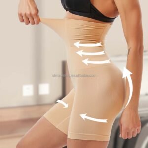 A person demonstrating the stretch of a hip and belly shaper garment.