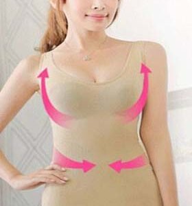 A model wearing a seamless shapewear top in a beige color, showcasing the design with arrows indicating support areas.