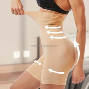A woman demonstrating the stretchability of a nude-colored hip-belly shaper.